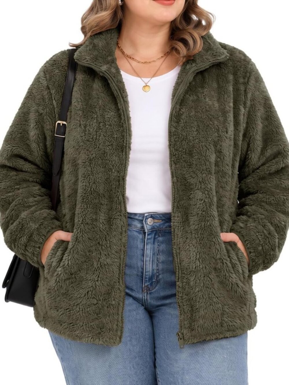 Cozy Plus Size Fuzzy Fleece Jacket with Pockets - Zip Up Long Sleeve Outerwear